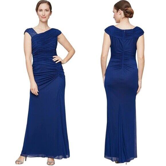 NWT Alex Evenings Size 10 Electric Blue Embellished Cap Sleeve Ruched Gown (b6) - Picture 1 of 6